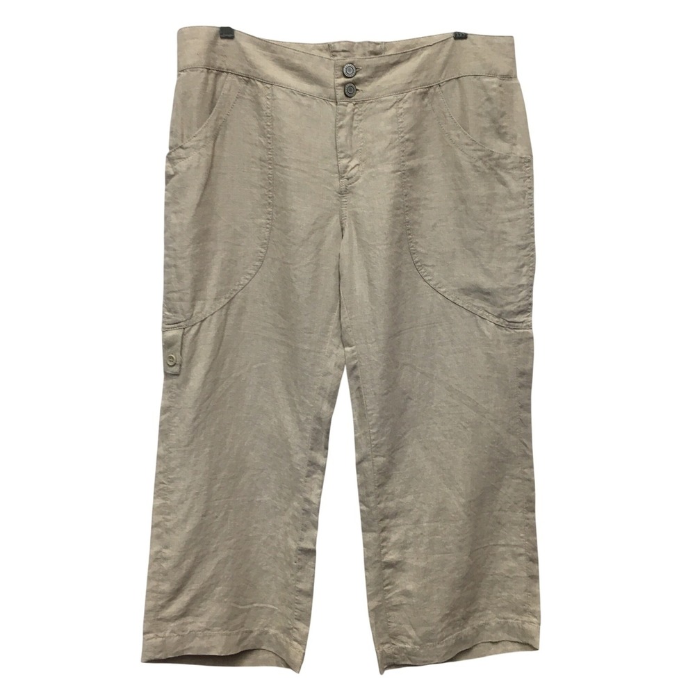 Express 100% Linen Cargo Pants Women's 10 Khaki Lace Up Coastal Safari Utility
